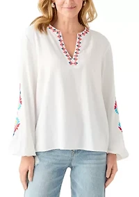 Women's Linen Blend Split Neck Embellished Blouse