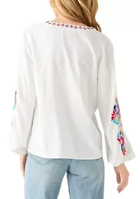 Women's Linen Blend Split Neck Embellished Blouse