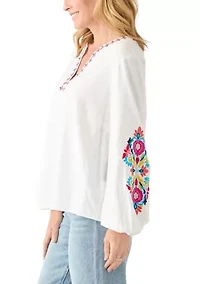 Women's Linen Blend Split Neck Embellished Blouse