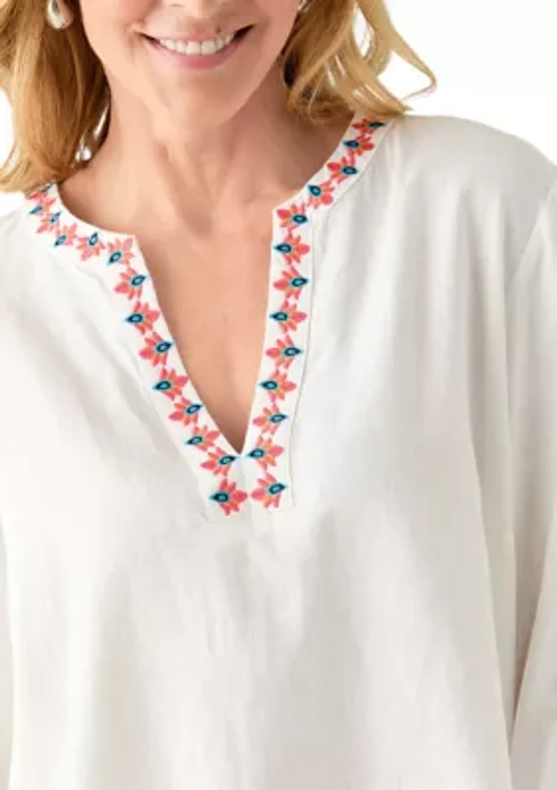 Women's Linen Blend Split Neck Embellished Blouse
