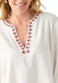 Women's Linen Blend Split Neck Embellished Blouse