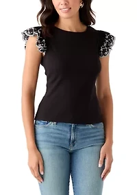 Women's Embroidered Eyelet Sleeve Mixed Media Top