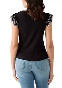 Women's Embroidered Eyelet Sleeve Mixed Media Top