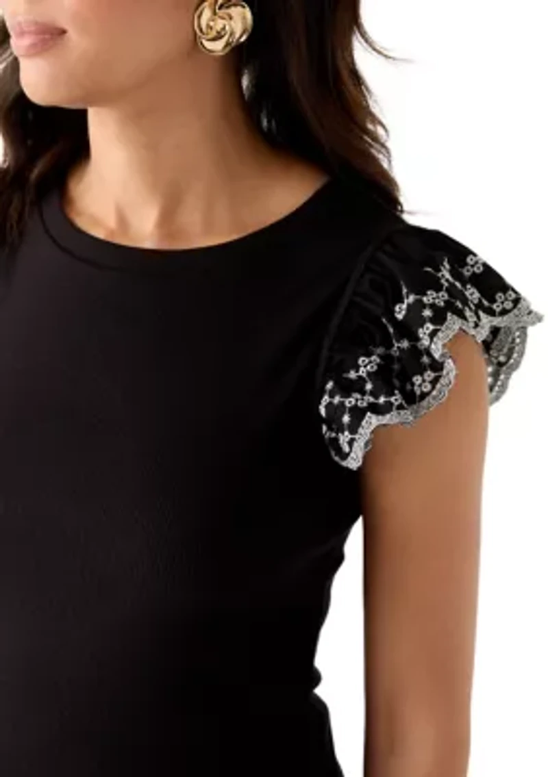 Women's Embroidered Eyelet Sleeve Mixed Media Top