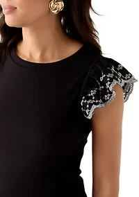 Women's Embroidered Eyelet Sleeve Mixed Media Top