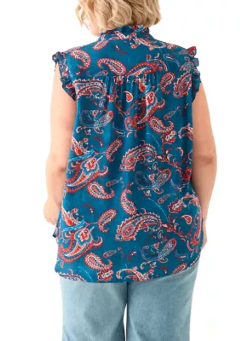 Plus Sleeveless Printed Woven Blouse