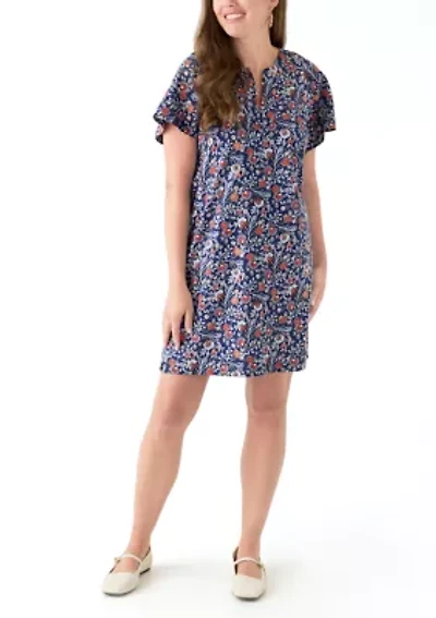 Petite Short Sleeve Split Neck Mini Dress