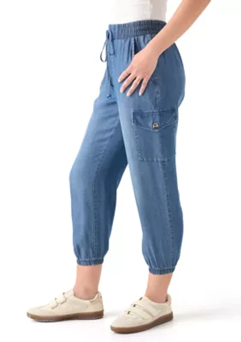 Petite Pull-On Tie Waist Drawstring Cargo Jogger Pants with Patch Pockets