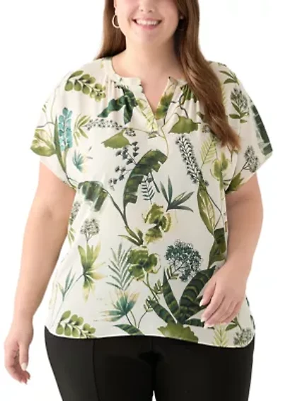 Plus Short Sleeve Knit to Woven Printed Top