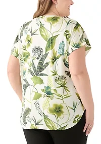 Plus Short Sleeve Knit to Woven Printed Top