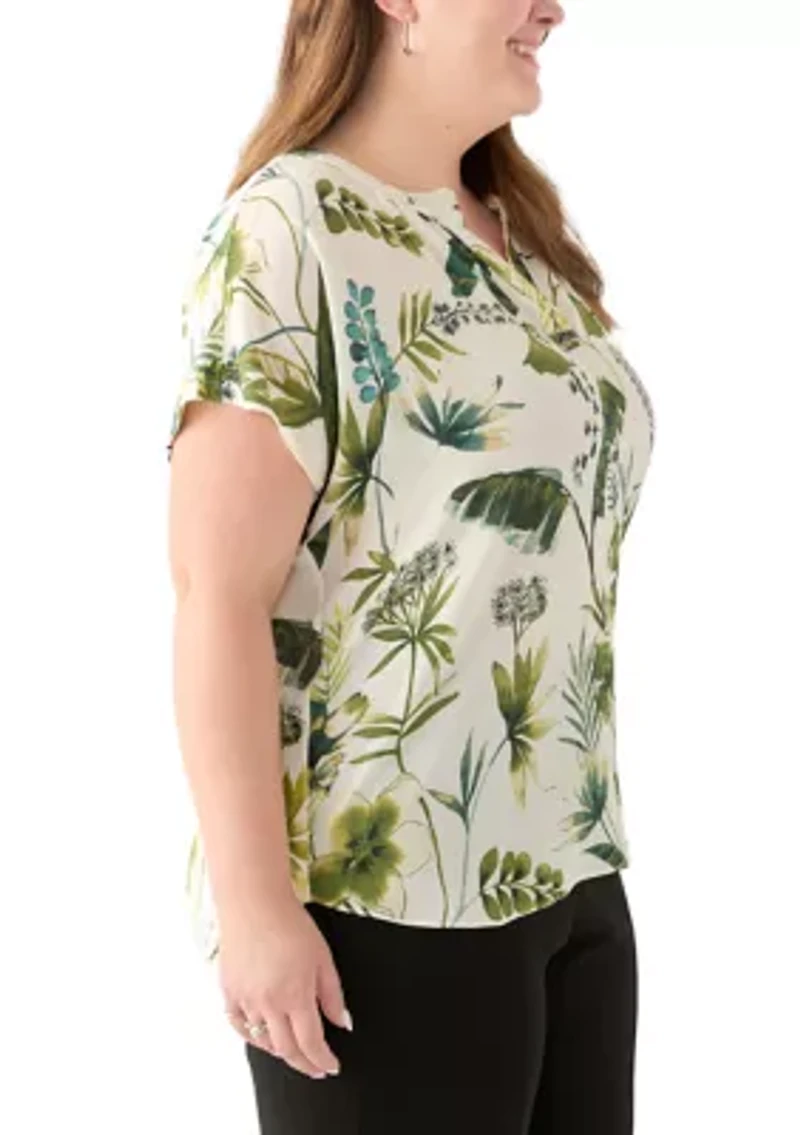 Plus Short Sleeve Knit to Woven Printed Top