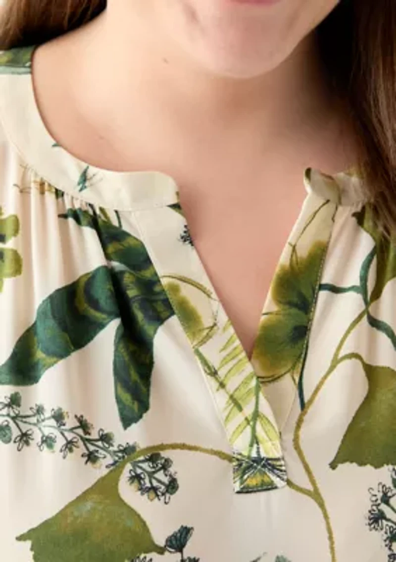 Plus Short Sleeve Knit to Woven Printed Top