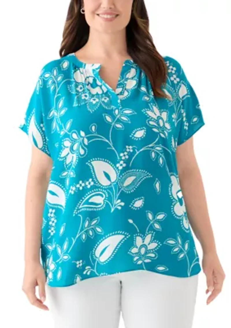 Plus Printed Split Neck Woven Top