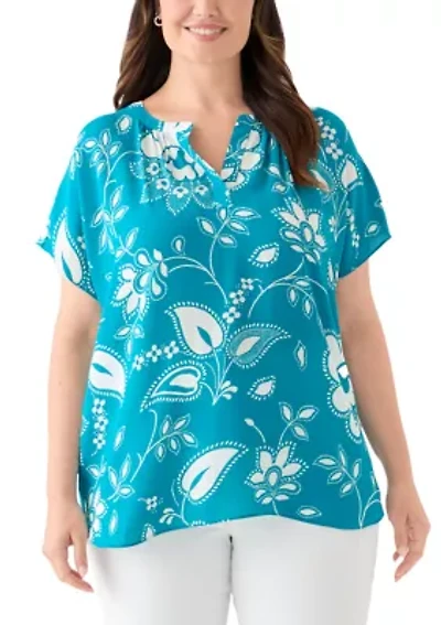 Plus Printed Split Neck Woven Top