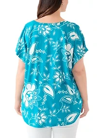 Plus Printed Split Neck Woven Top