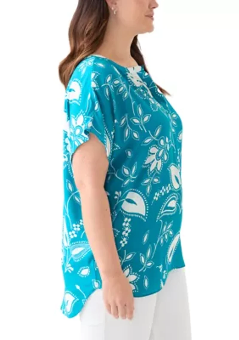 Plus Printed Split Neck Woven Top