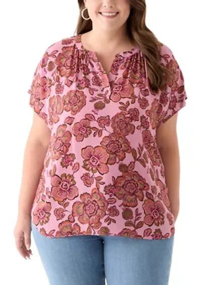 Plus Short Sleeve Knit to Woven  Top