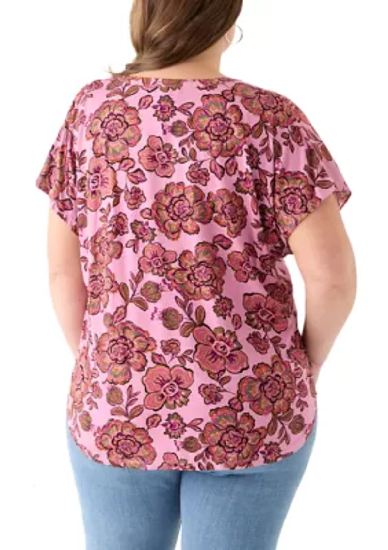 Plus Short Sleeve Knit to Woven  Top