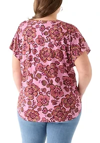 Plus Short Sleeve Knit to Woven  Top