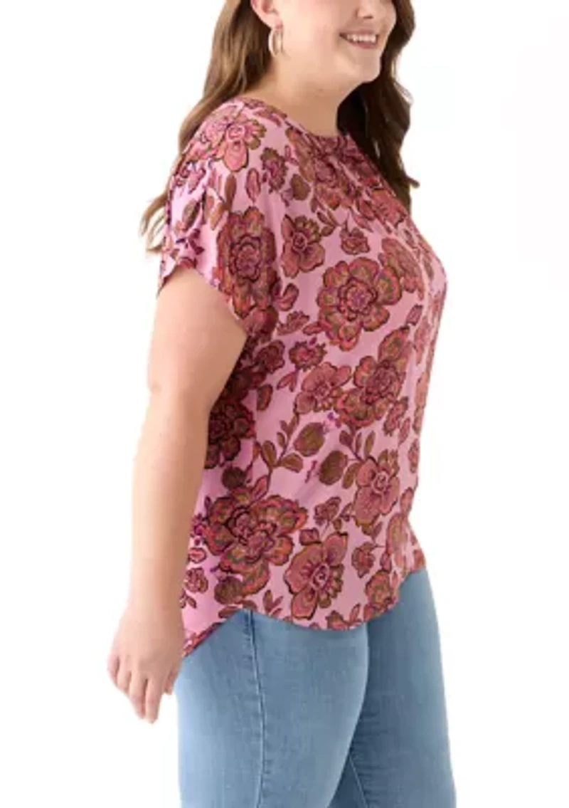 Plus Short Sleeve Knit to Woven  Top
