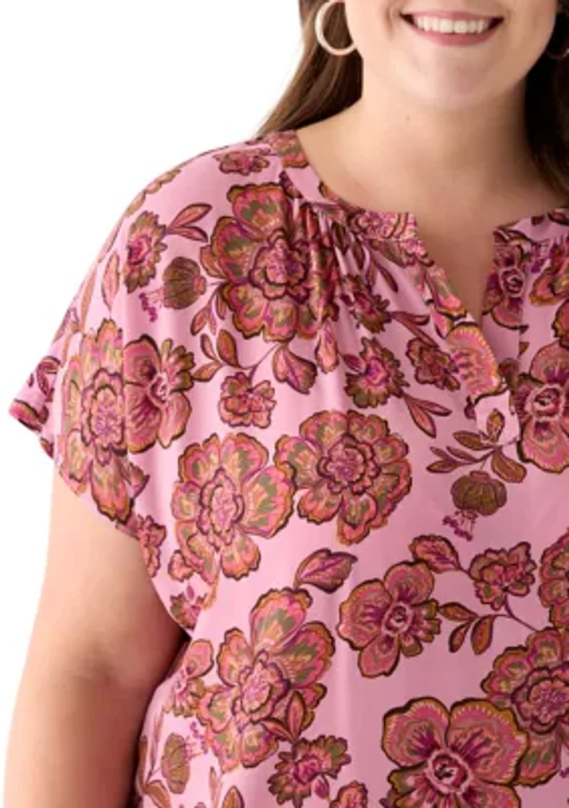 Plus Short Sleeve Knit to Woven  Top