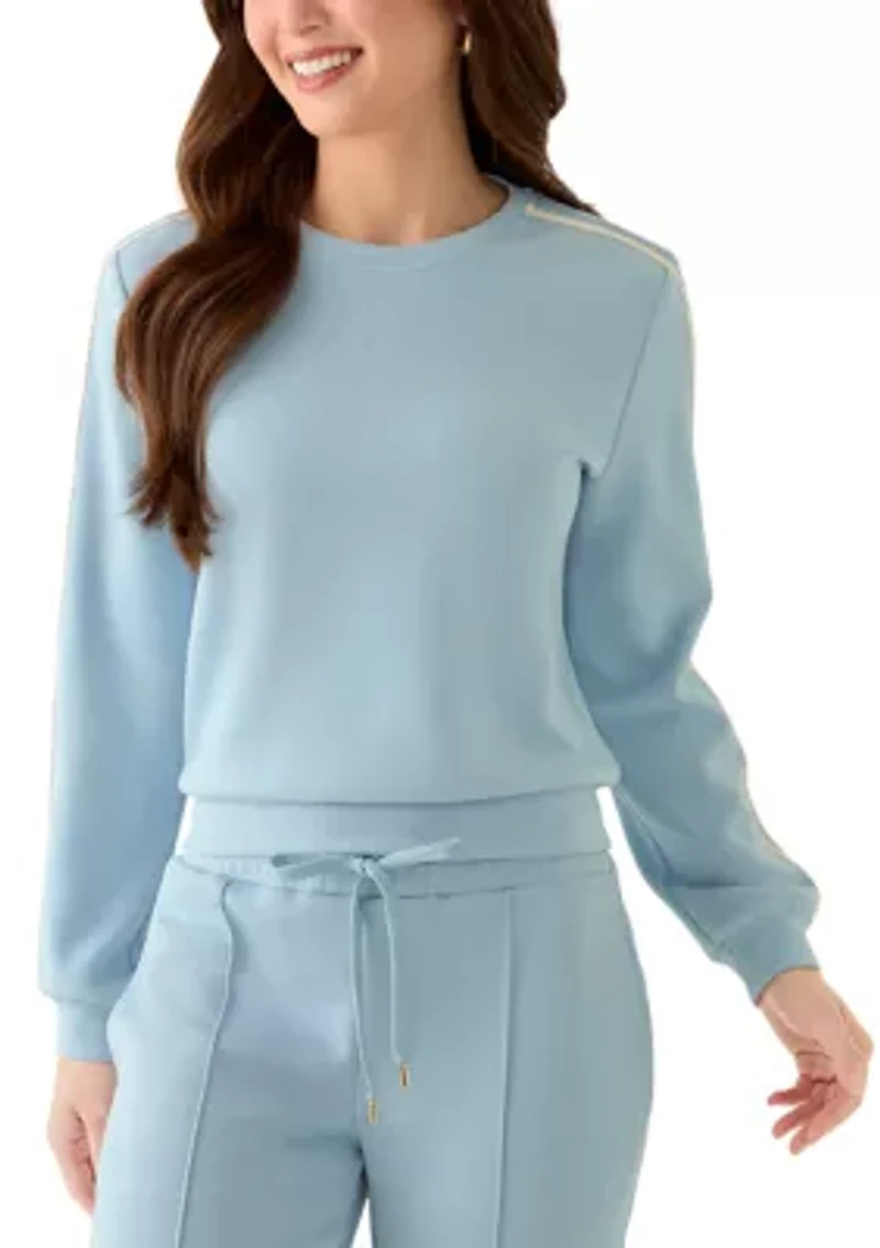 Petite Long Sleeve Crew Neck Sweater with Trim