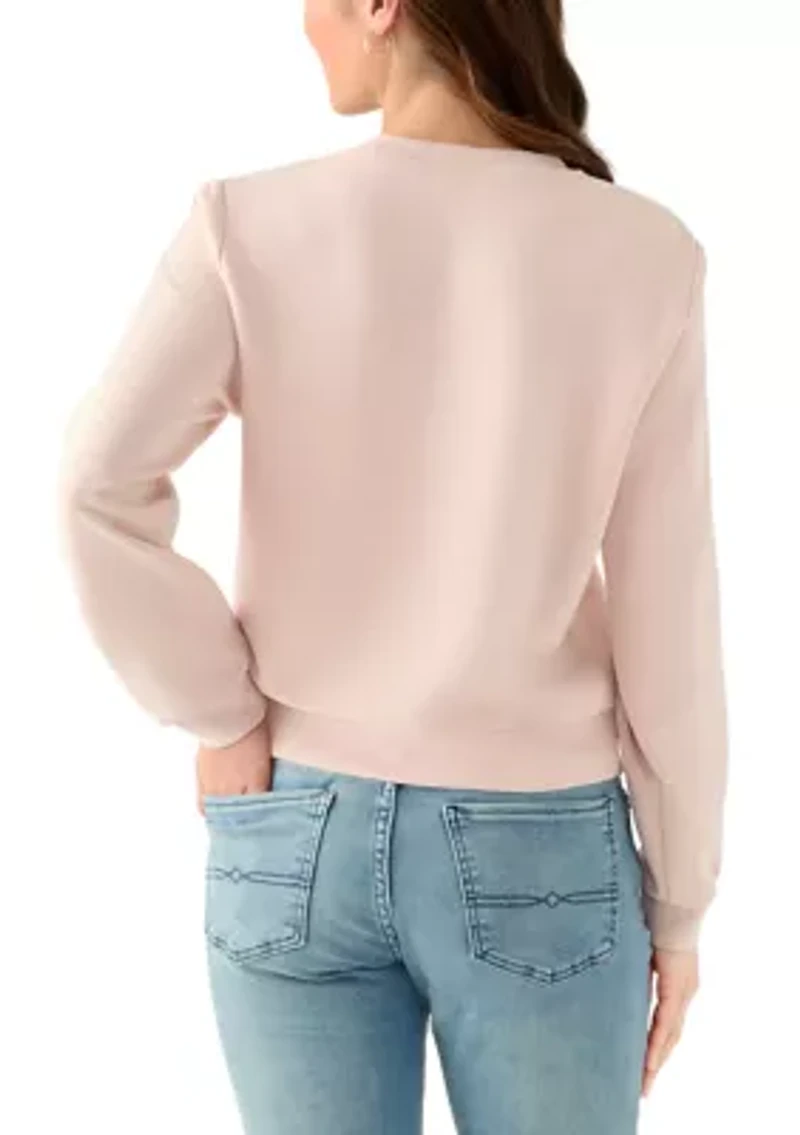 Petite Long Sleeve Crew Neck Sweater with Trim