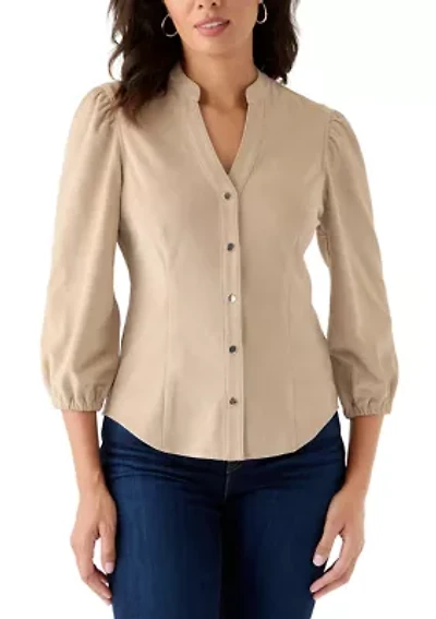 Women's 3/4 Sleeve Vegan Suede Button Front Shirt