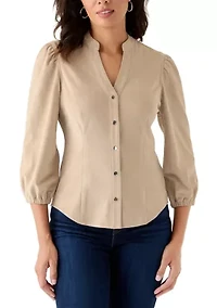 Women's 3/4 Sleeve Vegan Suede Button Front Shirt