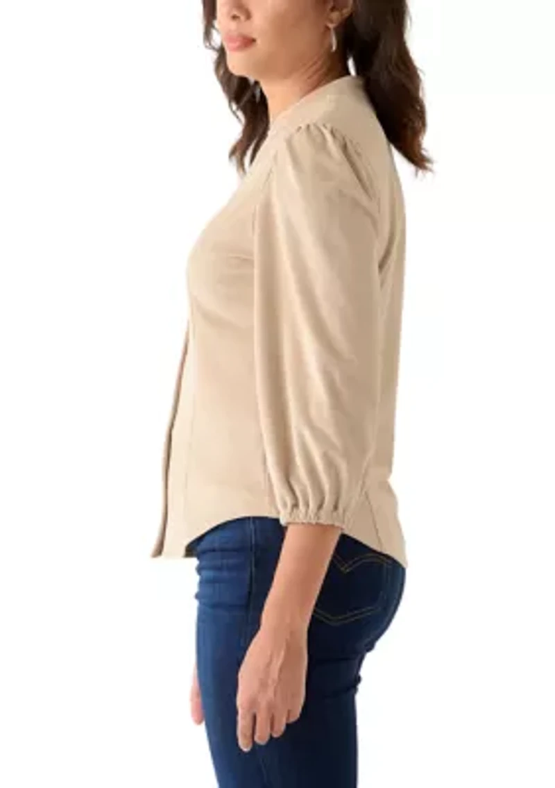 Women's 3/4 Sleeve Vegan Suede Button Front Shirt