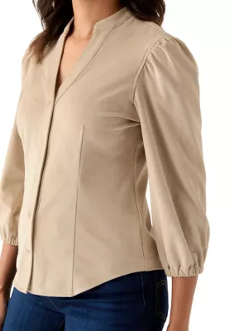 Women's 3/4 Sleeve Vegan Suede Button Front Shirt
