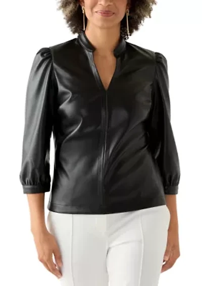 Women's Split Neck Vegan Leather Shirt