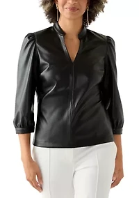 Women's Split Neck Vegan Leather Shirt