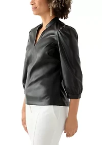 Women's Split Neck Vegan Leather Shirt