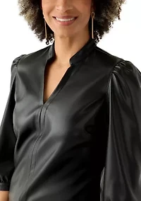 Women's Split Neck Vegan Leather Shirt