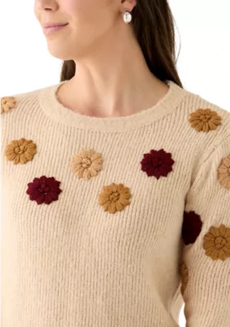 Women's Crew Neck 3D Flower Sweater