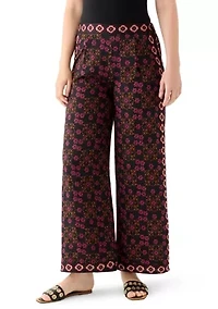 Women's Wide Leg Pull On Bordered Printed Pants