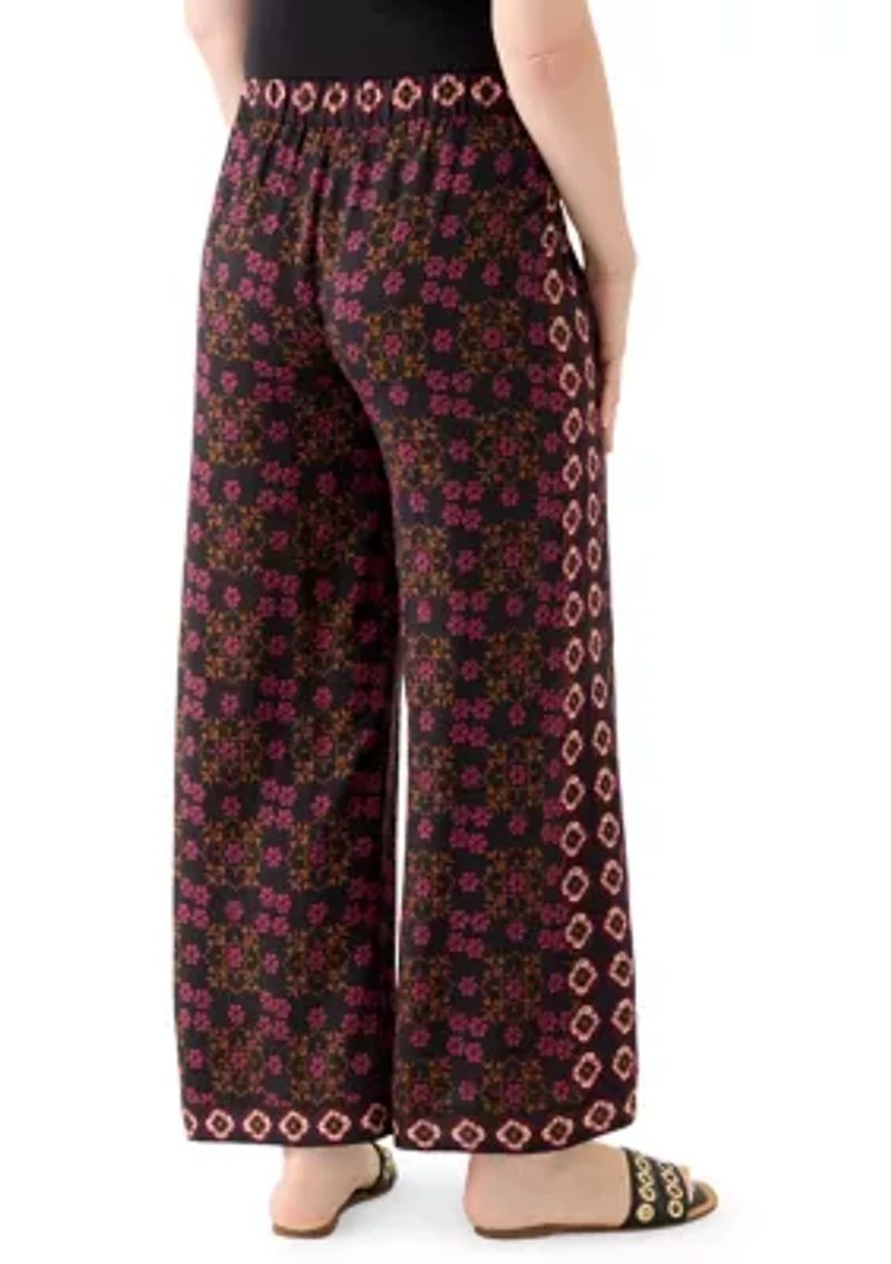 Women's Wide Leg Pull On Bordered Printed Pants