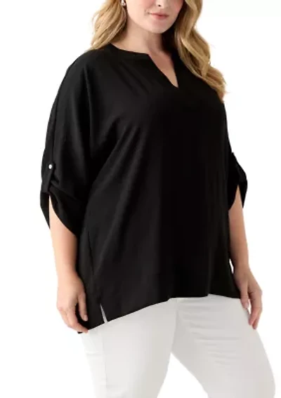 Plus Three-Quarter Sleeve Solid Woven Top