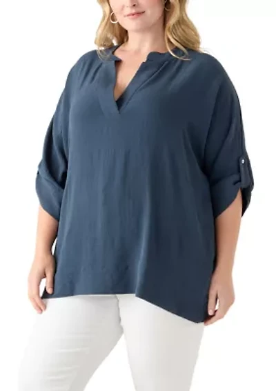 Plus Three-Quarter Sleeve Solid Woven Top