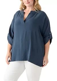Plus Three-Quarter Sleeve Solid Woven Top