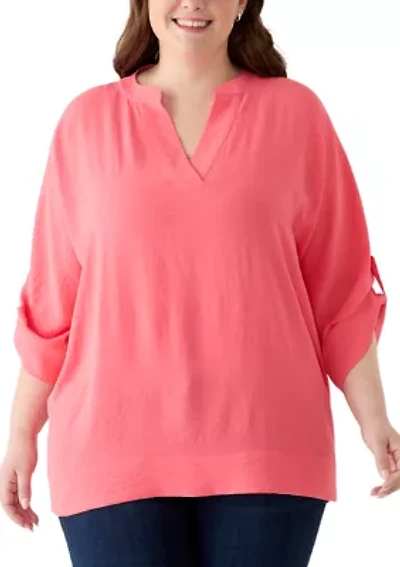 Plus Three-Quarter Sleeve Solid Woven Top