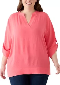 Plus Three-Quarter Sleeve Solid Woven Top