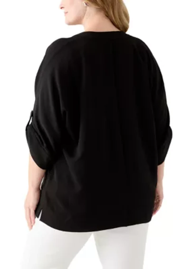 Plus Three-Quarter Sleeve Solid Woven Top