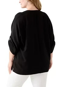 Plus Three-Quarter Sleeve Solid Woven Top