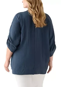 Plus Three-Quarter Sleeve Solid Woven Top