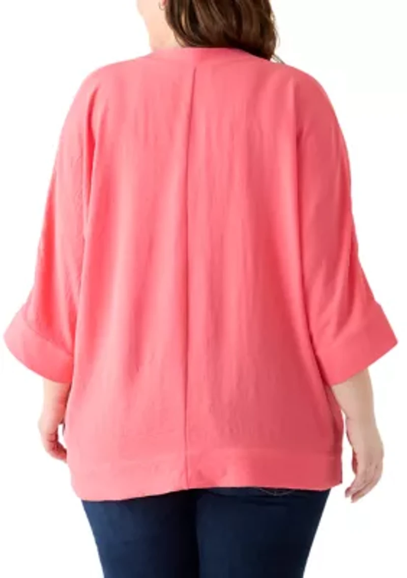 Plus Three-Quarter Sleeve Solid Woven Top