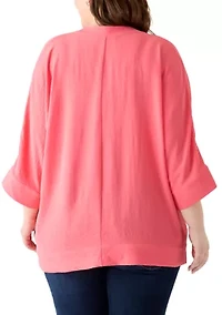 Plus Three-Quarter Sleeve Solid Woven Top