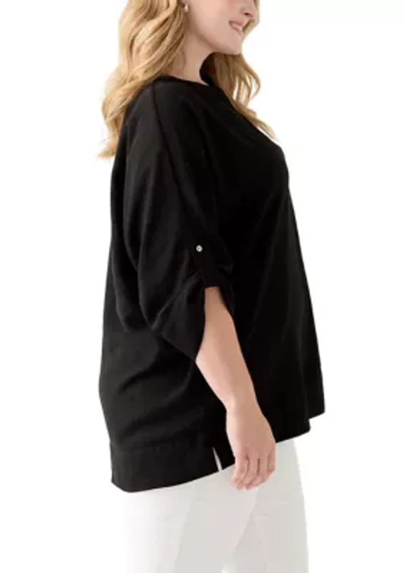 Plus Three-Quarter Sleeve Solid Woven Top
