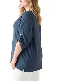 Plus Three-Quarter Sleeve Solid Woven Top